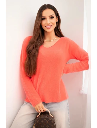 Dámský svetr z měkké pleteniny s výstřihem do V korálový