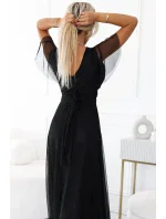 562-3 NASTIA Dlouhé šaty s výstřihem a krátkými rukávy - ČERNÁ
