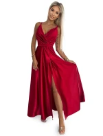 498-4 Dlouhé saténové šaty s výstřihem a dvojitými ramínky - ČERVENÉ