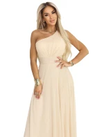 656-2 Dlouhé třpytivé večerní šaty na jedno rameno - šampaňsko-béžové