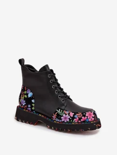 Kožené dámské botky Artiker zateplené – černé s květinovou výšivkou