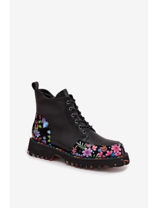 Kožené dámské botky Artiker zateplené – černé s květinovou výšivkou