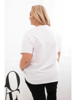 Dámská bavlněná halenka Plus Size s motivem peří bílá + růžová
