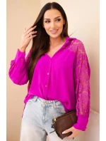 Dámská viskózová košile s krajkovými rukávy a límečkem tmavě fialová