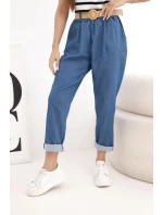 Dámské kalhoty s ohrnutou nohavicí a páskem tmavě džínové