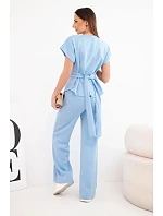 Dámský komplet z měkkého úpletu s halenkou s krátkým rukávem a širokými kalhotami modrý Dámský komplet z měkkého úpletu s halenkou s krátkým rukávem a širokými kalhotami modrý