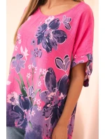 Dámská bavlněná blůza s květinovým potiskem a krátkým rukávem růžová