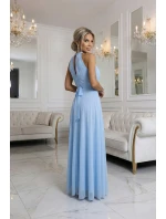 662-1 Elegantní maxi večerní šaty na ramínka s tylem a zavazováním v pase - modré