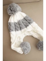 Dámská zimní čepice vlněná s bambulkami a ušima K447 bílá + šedá