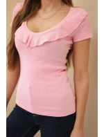 Dámská pruhovaná blůza s volánkem u výstřihu světle růžová