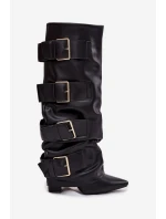 Dámské kozačky na podpatku s otočeným horním lemem a zlatými sponami Černé Isavelle