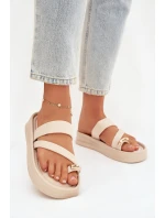 Dámské textilní pantofle s pásky a zlatým detailem světle béžové Farielle