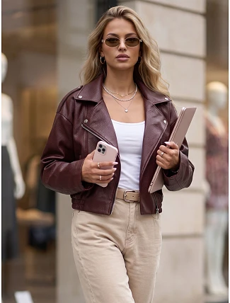Dámská kožená bunda ve stylu Ramones v bordó barvě FashionStreet TY5952