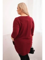 Dámská bavlněná blůza Plus Size s výstřihem do V a ohrnutým rukávem bordová