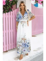 613-1 CELINA Vzdušné maxi šaty s obálkovým výstřihem, páskem a květinovým ombre - MODRÉ