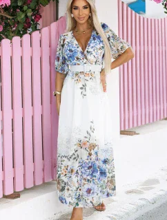 613-1 CELINA Vzdušné maxi šaty s obálkovým výstřihem, páskem a květinovým ombre - MODRÉ