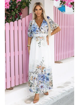 613-1 CELINA Vzdušné maxi šaty s obálkovým výstřihem, páskem a květinovým ombre - MODRÉ