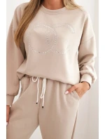 Dámský komplet z viskózy s ozdobným motivem a kalhotami béžový