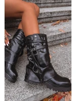 Dámské kozačky s ohnutým horním lemem do půl lýtka s páskem Černé Darisa