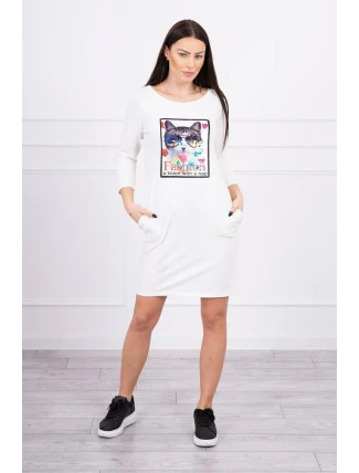 Šaty s 3D grafikou kočky ecru Šaty s 3D grafikou kočky ecru
