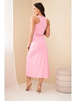 Dámské bavlněné midi šaty bez rukávů s řasením světle růžové