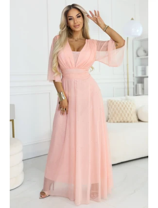 654-4 Dlouhé třpytivé plus size šaty s výstřihem a průhlednými rukávy - broskvová barva