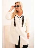 Dámský kabát Plus Size z umělého beránka s kapucí a kapsami ecru