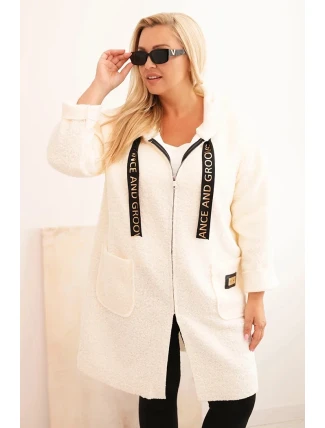 Dámský kabát Plus Size z umělého beránka s kapucí a kapsami ecru