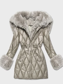 Béžová bunda s kožešinovou kapucí, která tvoří límec (T3-2635#-62)