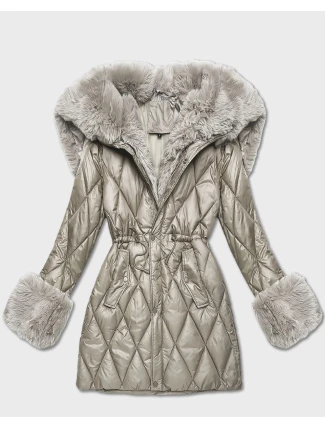 Béžová bunda s kožešinovou kapucí, která tvoří límec (T3-2635#-62)