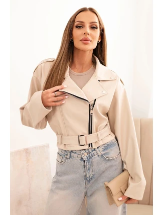 Dámská krátká bunda z eko kůže s páskem a límcem béžová