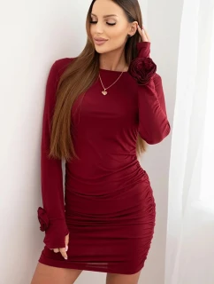 Dámská šaty z viskózy přiléhavé s nařasením a květinami na rukávech bordová