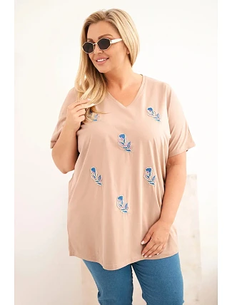 Dámská bavlněná halenka Plus Size s peříčky velbloudí