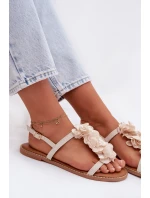 Dámské ploché sandály s ozdobnými květinami Jasnobeżowe Noemia