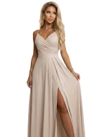 299-20 CHIARA Maxi šaty bez ramínek s obálkovým výstřihem a rozparkem na nohou - šampaňsko-béžové s třpytkami 299-20 CHIARA Maxi šaty bez ramínek s obálkovým výstřihem a rozparkem na nohou - šampaňsko-béžové s třpytkami