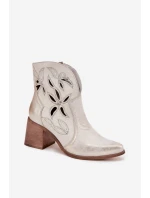 Dámské kotníky s otevřenou síťovinou z přírodní kůže na podpatku Zazoo 3690 zlaté popraskané