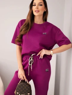 Dámský komplet viskózový máslo s krátkým rukávem a kalhotami s ohrnutým nohavicí tmavě fialový