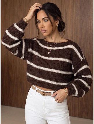 Dámský oversize svetr s pruhy v čokoládové barvě FashionStreet MY2644 Dámský oversize svetr s pruhy v čokoládové barvě FashionStreet MY2644