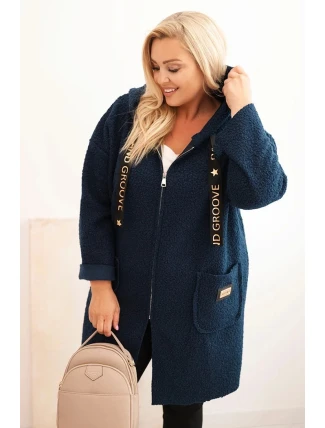 Dámský kabát Plus Size z umělého beránka s kapucí a kapsami modrý