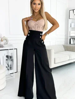 496-1 Elegantní široké kalhoty s vysokým sedem a zlatými knoflíky - ČERNÁ