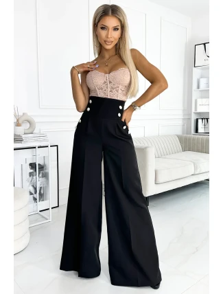 496-1 Elegantní široké kalhoty s vysokým sedem a zlatými knoflíky - ČERNÁ 496-1 Elegantní široké kalhoty s vysokým sedem a zlatými knoflíky - ČERNÁ