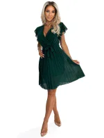 424-6 Šifonové plisované šaty s výstřihem a volánky - BOTTLE GREEN
