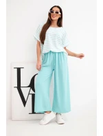 Dámský viskózový komplet s pruhovanou blůzou a širokými kalhotami s gumou mátový