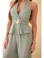 Dámský viskózový komplet – zavazovací top a kalhoty se širokými nohavicemi khaki