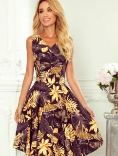 Rozšířené dámské šaty se vzorem zlatých listů a s výstřihem ve tvaru srdce 114-13