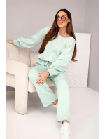 Dámský komplet máslová mikina s broží a kalhoty s rovnou nohavicí tmavě mátová