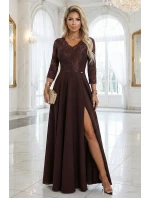 309-14 AMBER elegantní dlouhé krajkové šaty s výstřihem - čokoládové