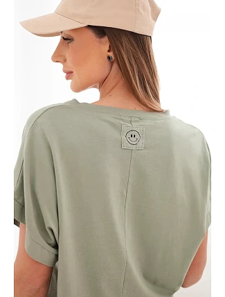 Dámská bavlněná halenka s výstřihem do V a krátkým rukávem khaki