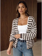 Dámský oversize kardigan s pruhy v barvě fango-béžové, FashionStreet MY2641 Dámský oversize kardigan s pruhy v barvě fango-béžové, FashionStreet MY2641