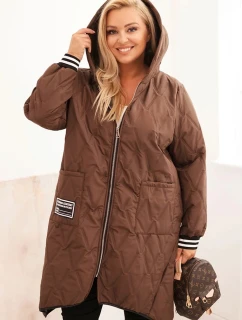 Dámská bunda Plus Size prošívaná s kapucí a sportovními manžetami čokoládová
